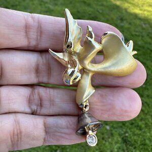 Vintage‎ Giusti Gigi Brooch Pin Angel Guardian Bell Gold Tone Signed 2.25" L